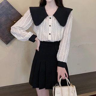 Two-tone Blouse / Pleated Mini Skirt