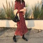 Long-sleeve Midi Floral Chiffon Dress Red - One Size