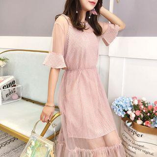 Set: Plaid Spaghetti-strap Dress + Short-sleeve Mesh Dress