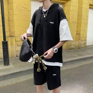 Mock Two Piece Elbow Sleeve Hoodie + Plain Sweatshorts