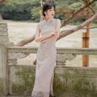 Cap-sleeve Lace Midi Qipao Dress