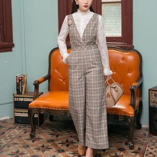 Sleeveless Plaid Floral Embroidered Wide Leg Jumpsuit