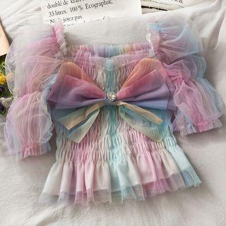 Ribbon-accent Ruched Mesh Crop Top