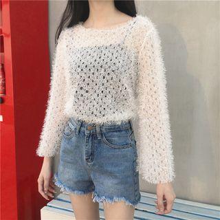 Plain See-through Furry Long-sleeve Top