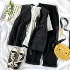 Elbow-sleeve Bear Embroidered T-shirt / Cargo Vest / Wide-leg Pants