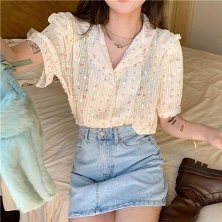 Short-sleeve Floral Print Frill Trim Shirt Light Yellow - One Size