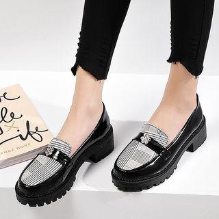 Rhinestone Floral Accent Block Heel Penny Loafers