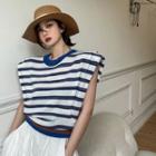 Padded-shoulder Striped Knit Top As Figure - One Size