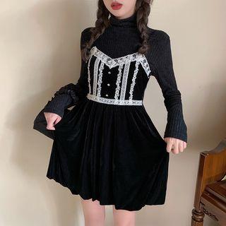 Turtleneck Ribbed Sweater / Lace Trim Mini Pinafore Dress