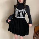 Turtleneck Ribbed Sweater / Lace Trim Mini Pinafore Dress