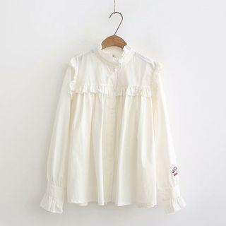 Lettering Ruffle Trim Blouse Off-white - One Size