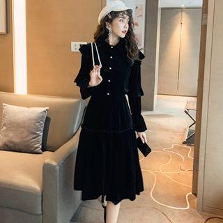 Set: Ruffled Flared-cuff Blouse + Midi A-line Skirt