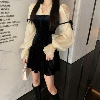 Velvet V-neck Long-sleeve Mesh Dress As Figure - One Size