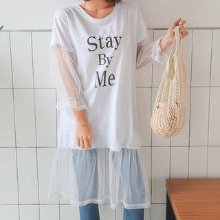 Long-sleeve Mesh-panel Lettering Midi Pullover Dress
