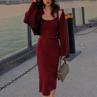 Spaghetti Strap Open-back Midi Knit Dress / Cardigan