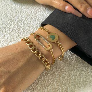 Set: Alloy Chunky Chain + Safety Pin Rhinestone Bracelet + Heart Alloy Bracelet