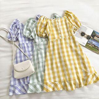 Color-block Plaid Square-neck Puff-sleeve Dress
