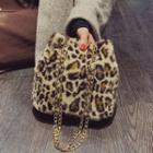 Furry Leopard Print Crossbody Bucket Bag Leopard - One Size