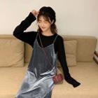 Plain Long-sleeve Loose-fit T-shirt / Velvet Sleeveless Dress