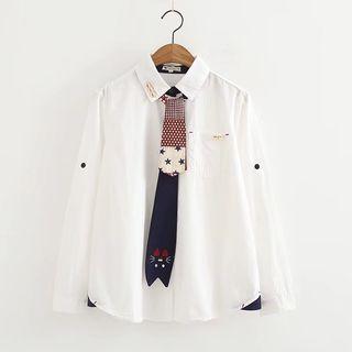 Shirt With Cat Embroidered Neck Tie