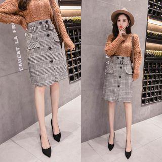 Button Front Plaid A-line Woolen Skirt