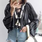 Print Bell-sleeve Blouse With Tassel