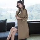 Long Lettering-trim Double-breasted Trench Coat