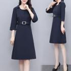 Elbow-sleeve Buckled A-line Dress