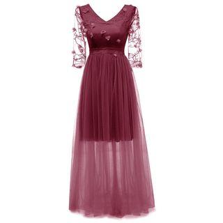 3/4-sleeve Embroidered Mesh A-line Maxi Dress
