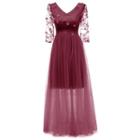 3/4-sleeve Embroidered Mesh A-line Maxi Dress