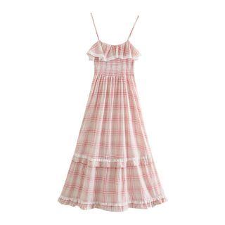 Spaghetti Strap Plaid Frill Trim Midi A-line Dress