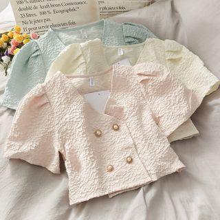 Embossed Double-breasted V-neck Crop Top