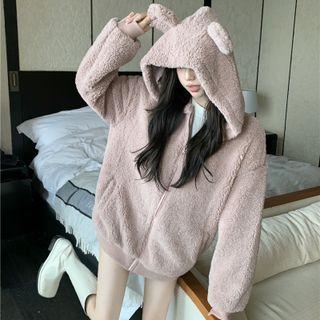 Bear Ear Hooded Zip Fleece Jacket Light Pink - One Size