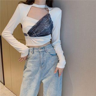 Choker-neck Contrast Panel Cropped T-shirt