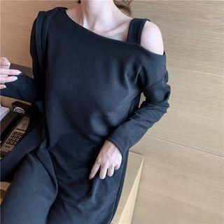 Asymmetric Shoulder Long-sleeve Split Hem Dress