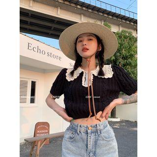 Short-sleeve Two Tone Knit Top Black - One Size