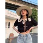 Short-sleeve Two Tone Knit Top Black - One Size