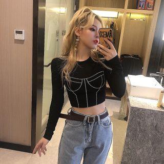 Long-sleeve Beaded Crop Top
