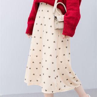 Heart Print Velvet A-line Midi Skirt