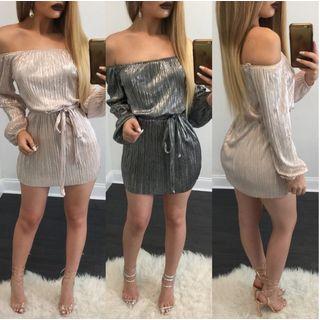 Long-sleeve Off Shoulder Glitter Tie Waist Dress