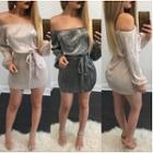 Long-sleeve Off Shoulder Glitter Tie Waist Dress