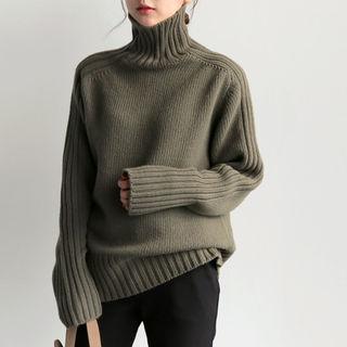 Turtle-neck Ribbed-trim Knit Top