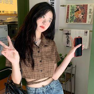 Short-sleeve Plaid Lace Up Crop Shirt