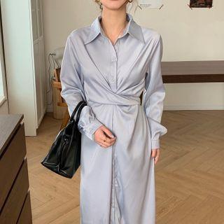 Long-sleeve Plain Midi Shirtdress Light Blue - One Size