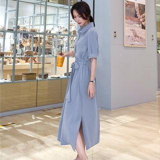 Tie-waist Short-sleeve Maxi Shirtdress