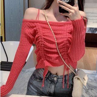 Off-shoulder Plain Cropped Knit Top