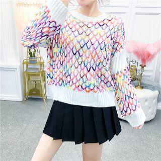 Set: Patterned Round Neck Sweater + Pleated Mini Skirt