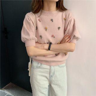 Balloon-sleeve Floral Applique Sweater