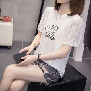 Short-sleeve Embroidered Lace Panel T-shirt