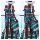 Set: Patterned Off Shoulder Short Sleeve Cropped Top + Front Slit Maxi Skirt